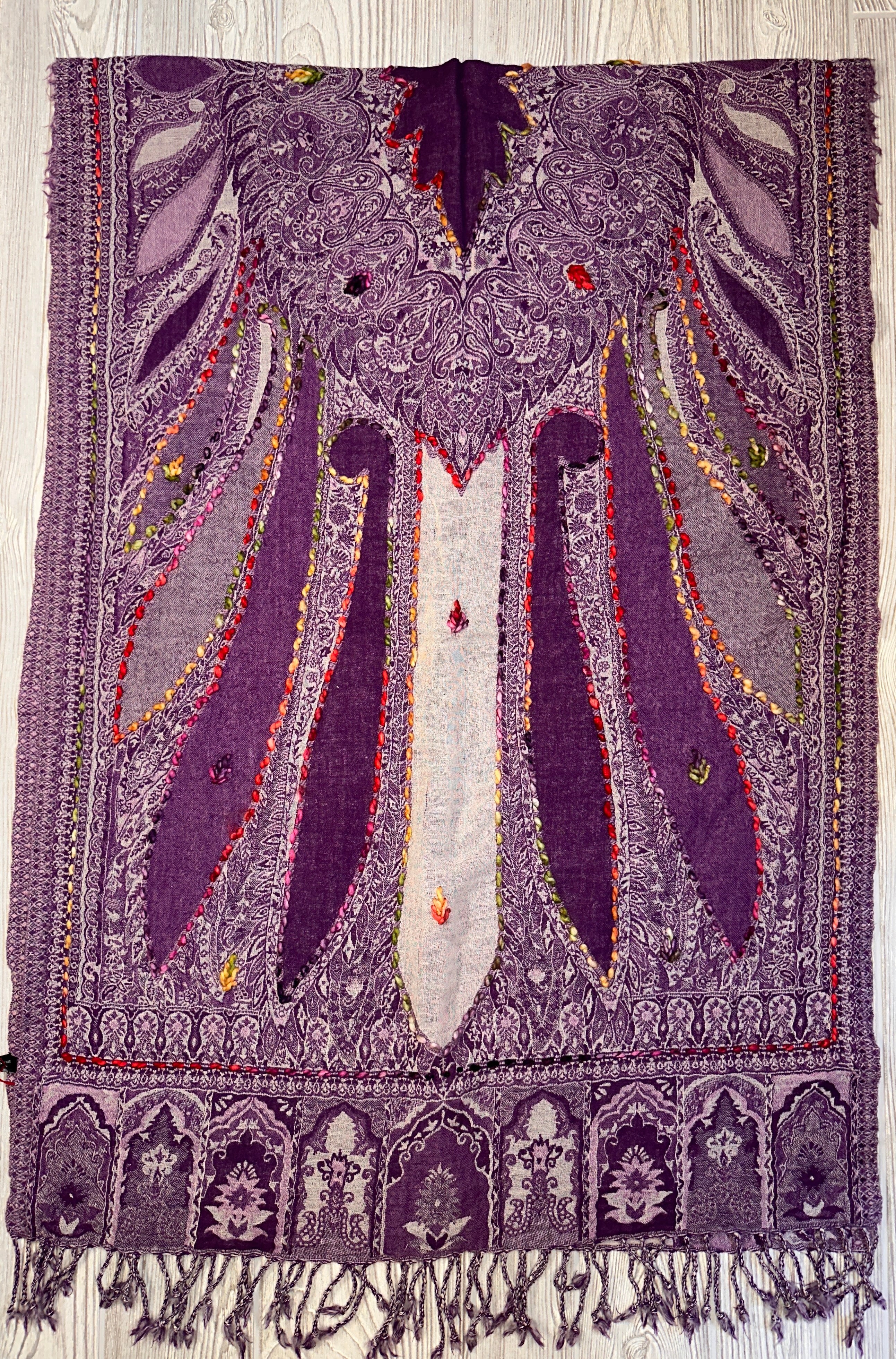 Kashmiri Wool Shawl - Embroidery Accent - Rich Purple