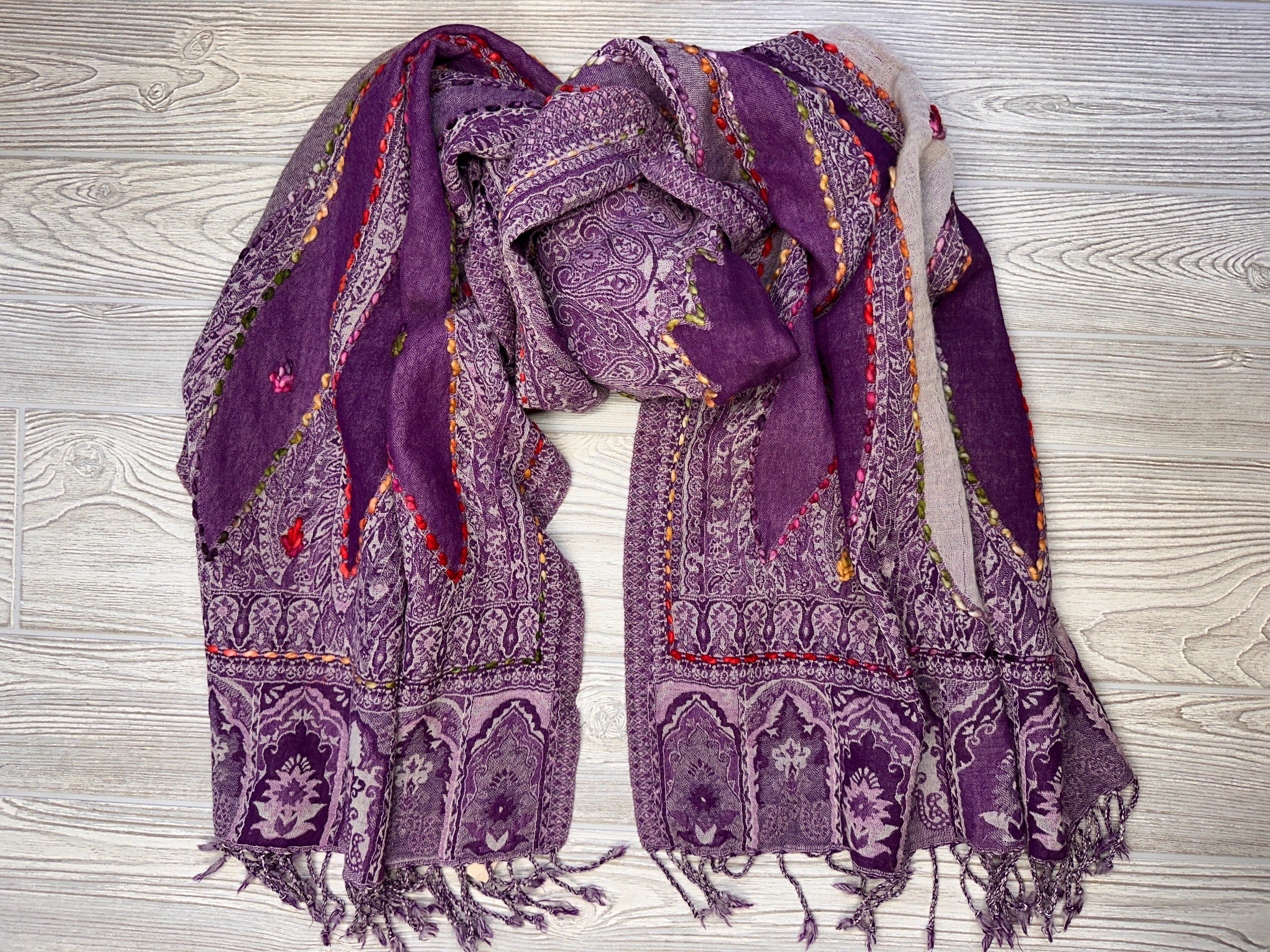 Kashmiri Wool Shawl - Embroidery Accent - Rich Purple
