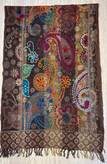 Kashmiri Wool Shawl - Embroidery Accent - Brown Hues + Vivid Colors