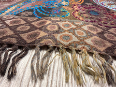 Kashmiri Wool Shawl - Embroidery Accent - Brown Hues + Vivid Colors