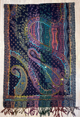Kashmiri Wool Shawl - Embroidery Accent - Navy Blue Hues + Vivid Colors