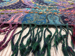 Kashmiri Wool Shawl - Embroidery Accent - Navy Blue Hues + Vivid Colors