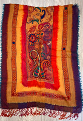 Kashmiri Wool Collage Flap Shawl - Embroidery Accent - Orange Hues + Vivid Colors