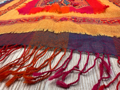 Kashmiri Wool Collage Flap Shawl - Embroidery Accent - Orange Hues + Vivid Colors