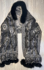 Kashmiri Wool Shawl - Embroidery Accent with Fur at Collar and Trims - Black + White