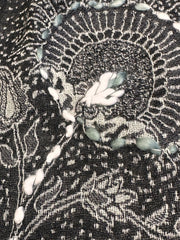 Kashmiri Wool Shawl - Embroidery Accent with Fur at Collar and Trims - Black + White