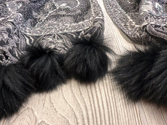 Kashmiri Wool Shawl - Embroidery Accent with Fur at Collar and Trims - Black + White