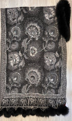 Kashmiri Wool Shawl - Embroidery Accent with Fur at Collar and Trims - Black + White