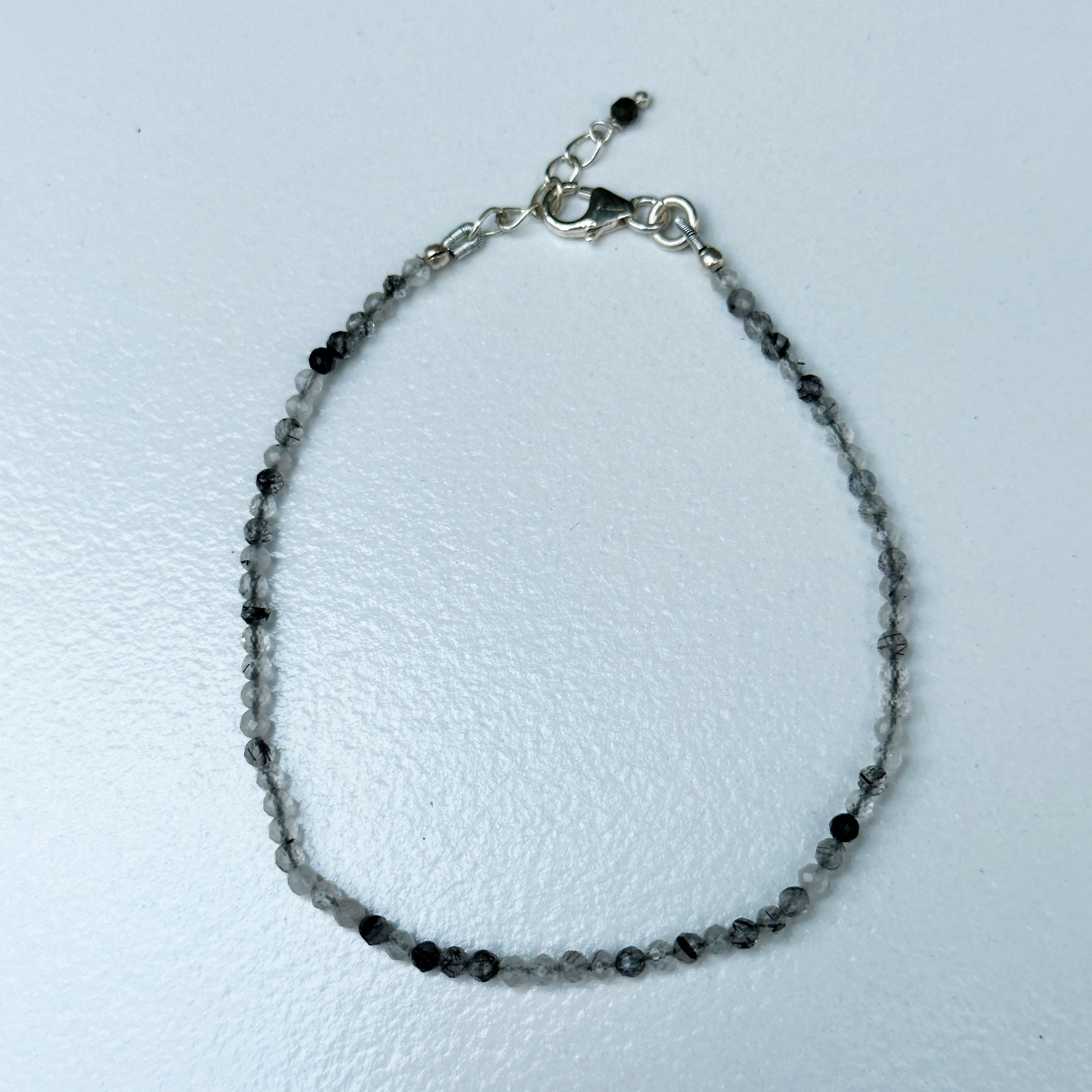 Dainty Black Rutilated Quartz Sterling Silver Minimalist Bracelet - 2mm - Size Small Adult