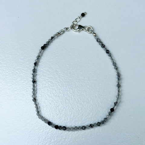 Dainty Black Rutilated Quartz Sterling Silver Minimalist Bracelet - 2mm - Size Small Adult