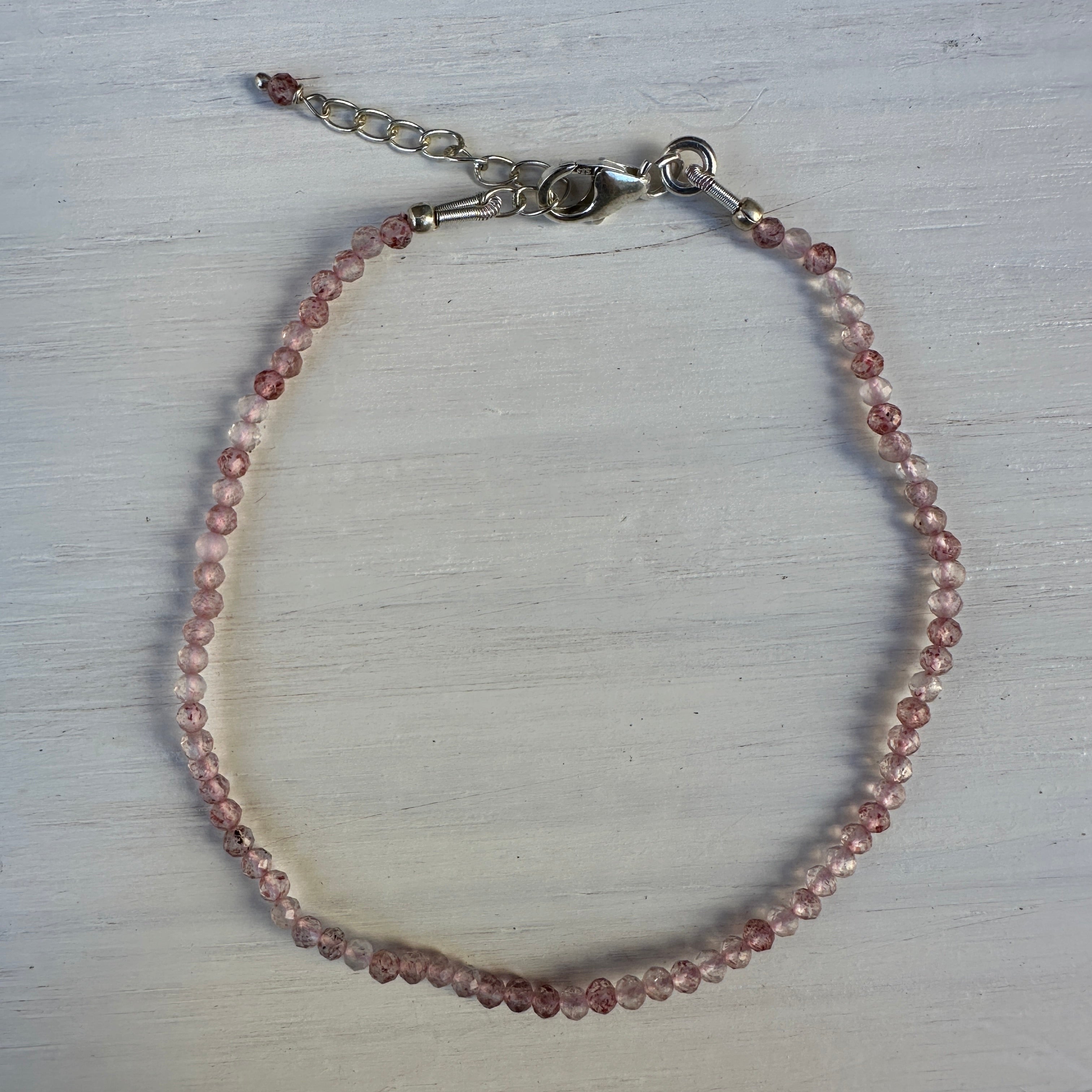 Cherry Quartz Sterling Silver Minimalist Bracelet - 2mm - Size Small Adult