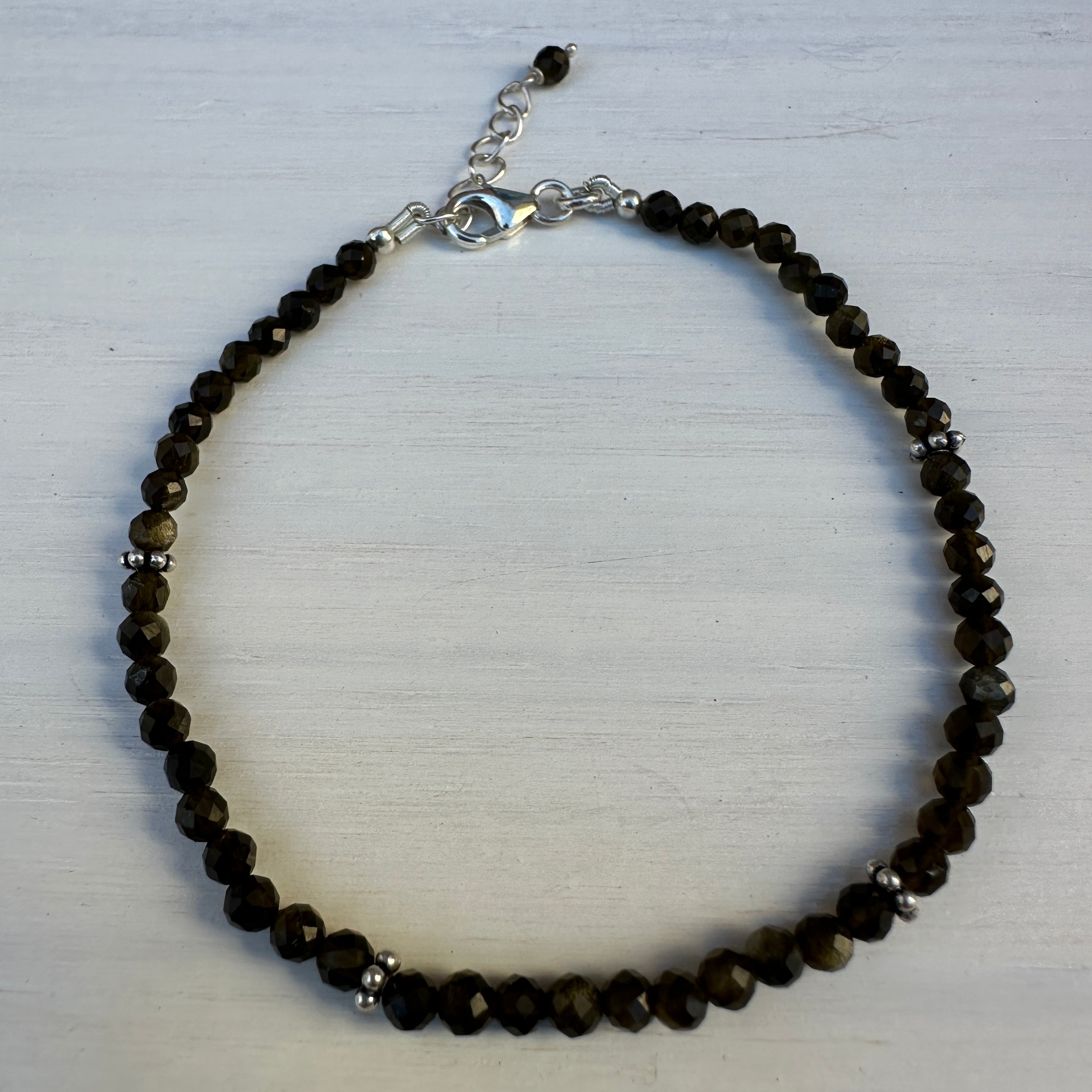 Green Tourmaline with Sterling Silver Beads Minimalist Bracelet - 3mm - Size Small Adult