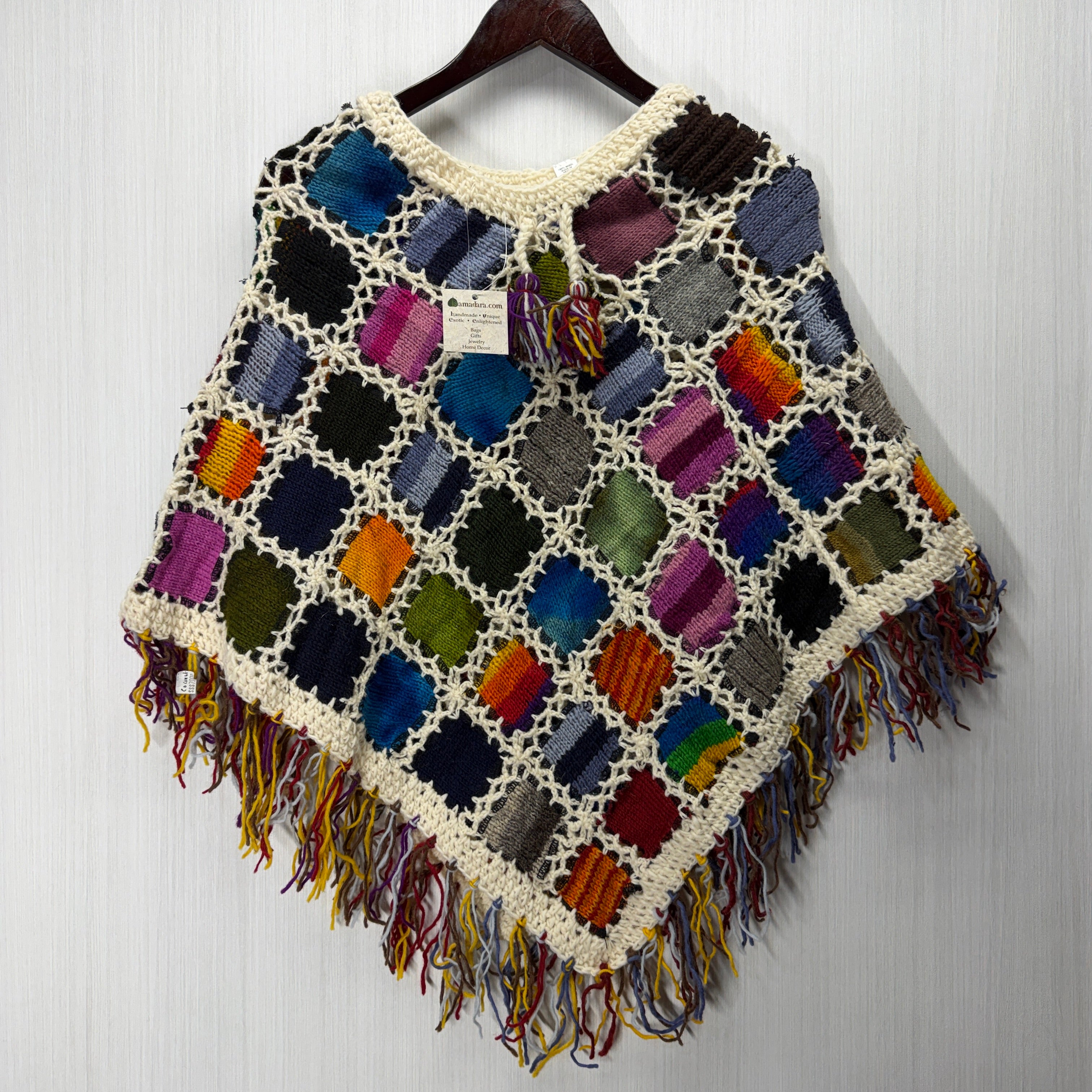 Women's Knitted Granny Square Boho Wool Poncho with Fringes - Adult Small - 102