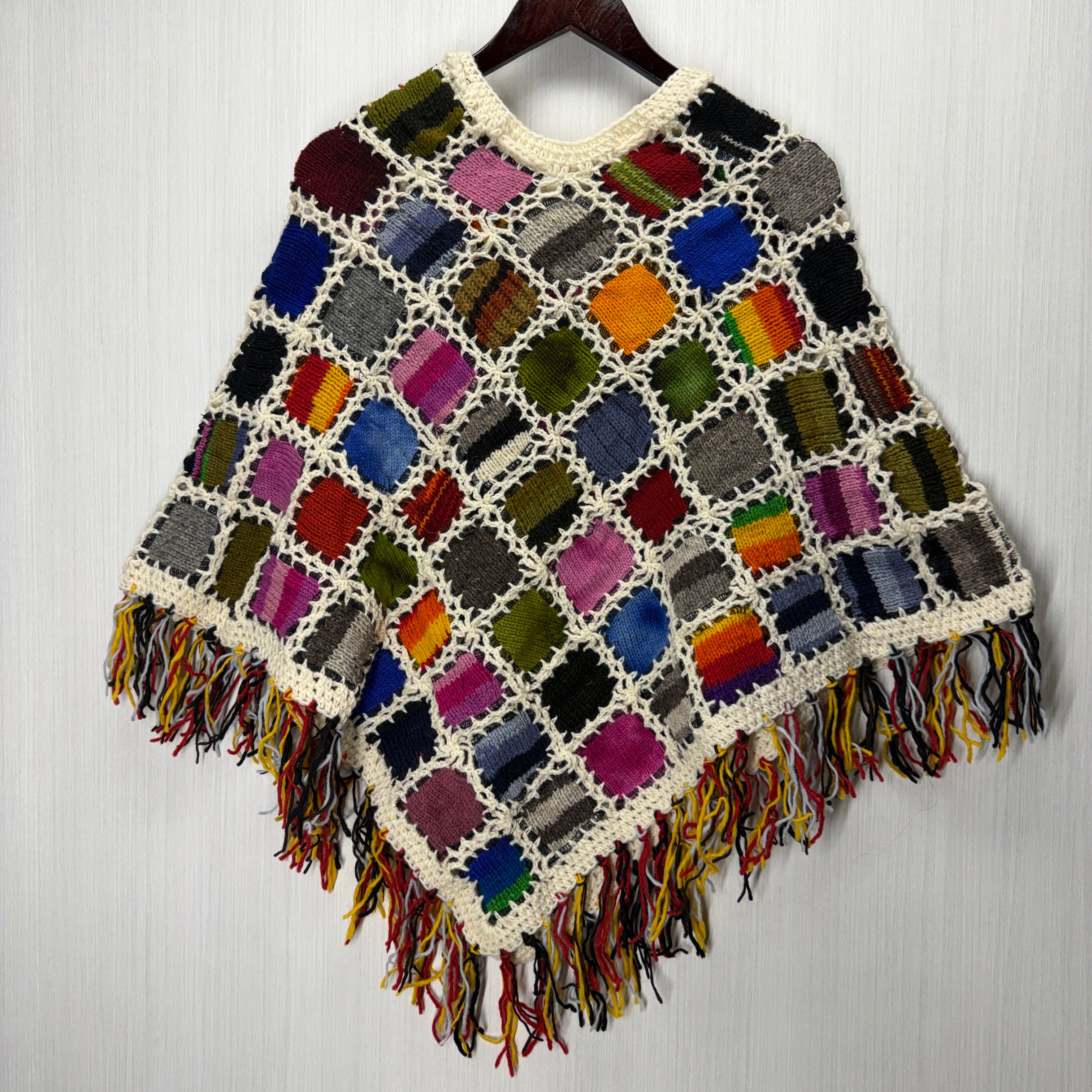 Women's Knitted Granny Square Boho Wool Poncho with Fringes - Adult Small - 105
