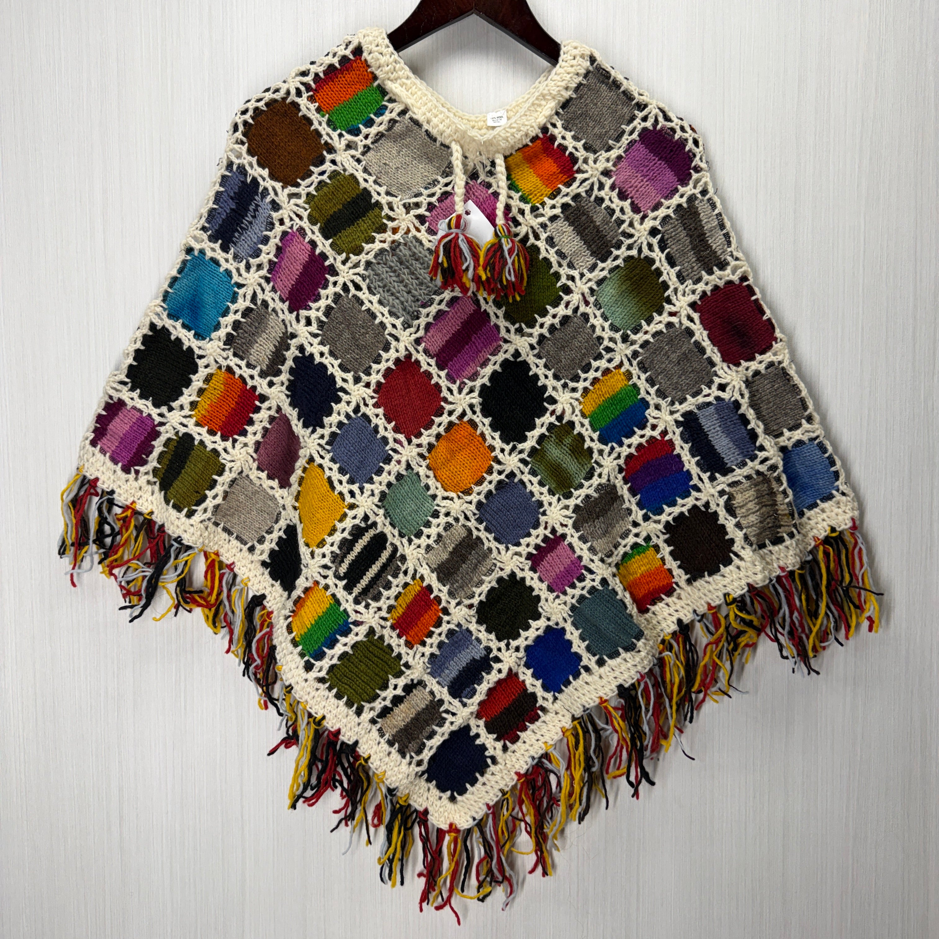 Women's Knitted Granny Square Boho Wool Poncho with Fringes - Adult Small - 105