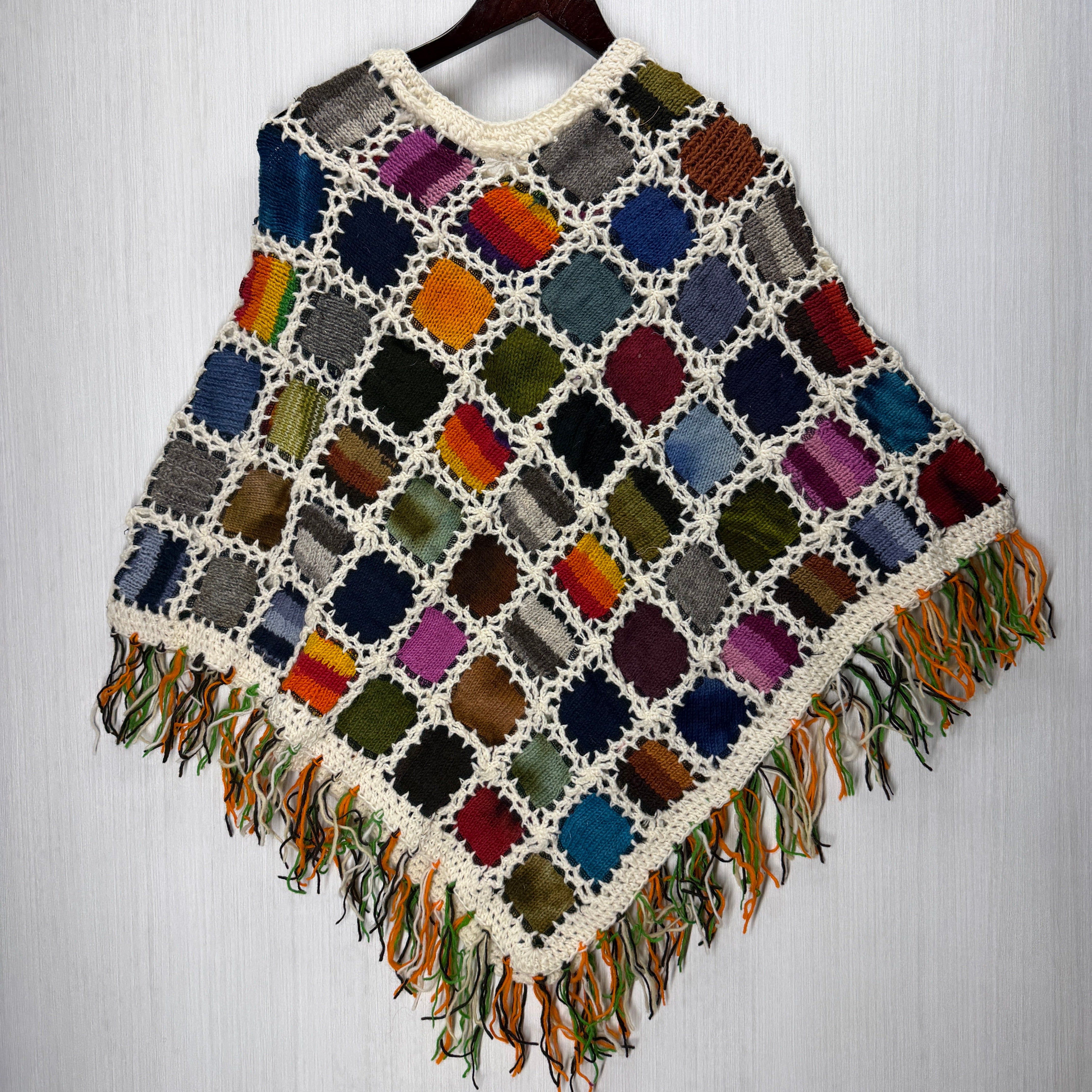 Women's Knitted Granny Square Boho Wool Poncho with Fringes - Adult Small - 106