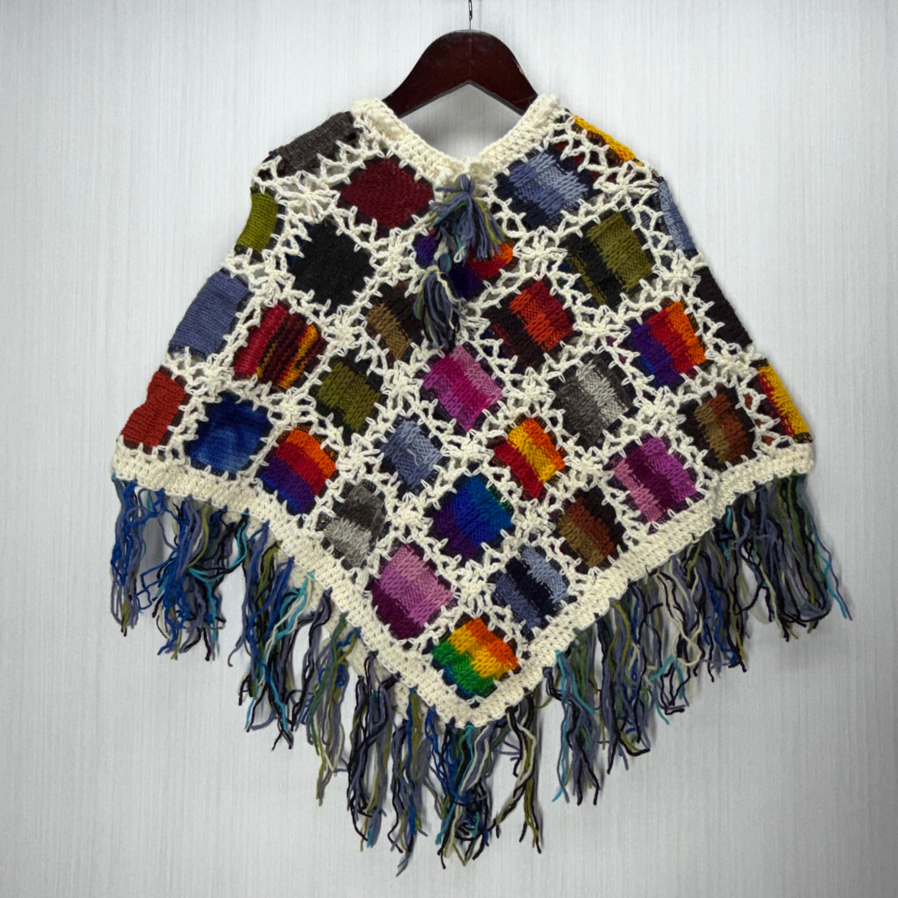 Kids Girls Small/Medium - Knitted Granny Square Boho Wool Poncho with Fringes - 101