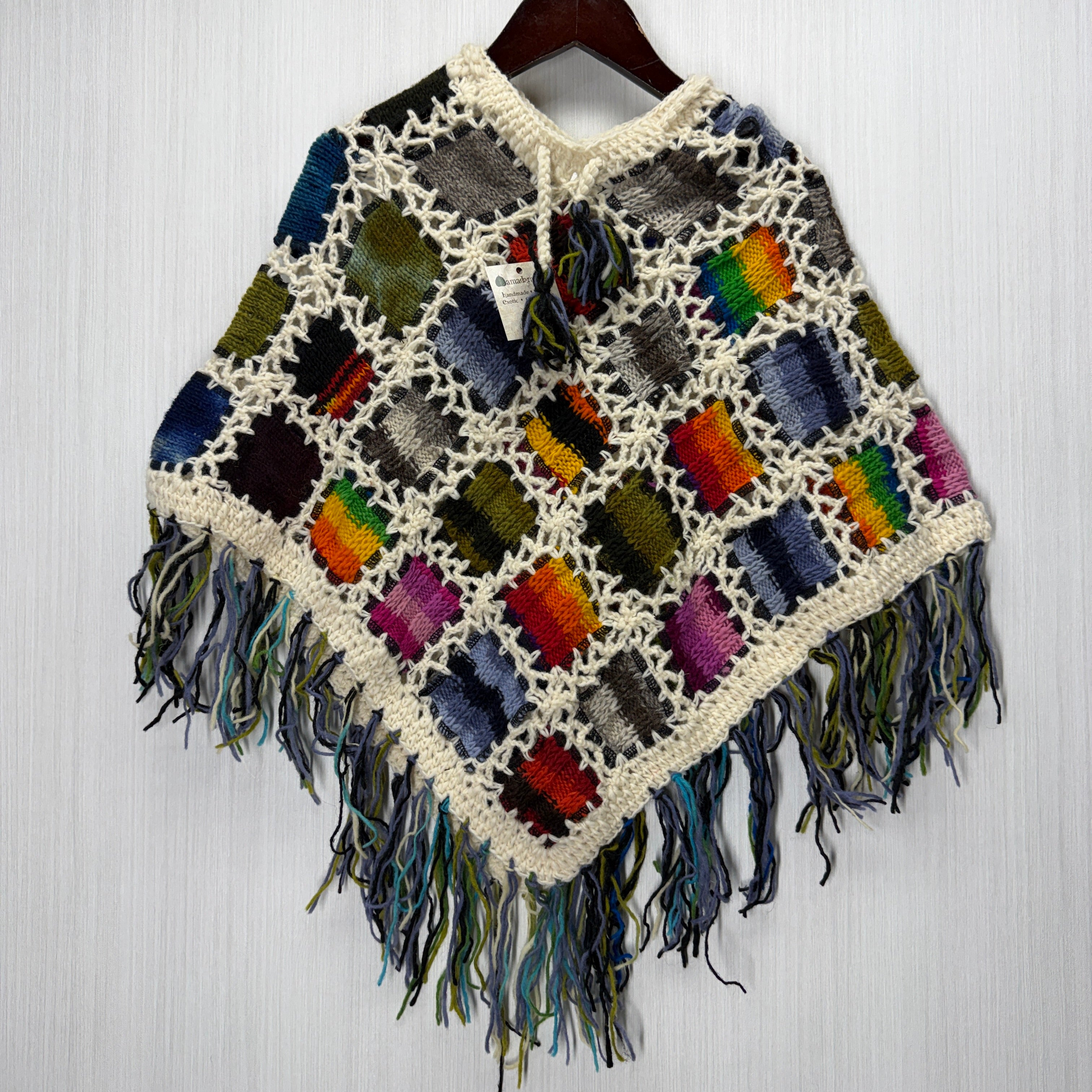 Kids Girls Small/Medium - Knitted Granny Square Boho Wool Poncho with Fringes - 106