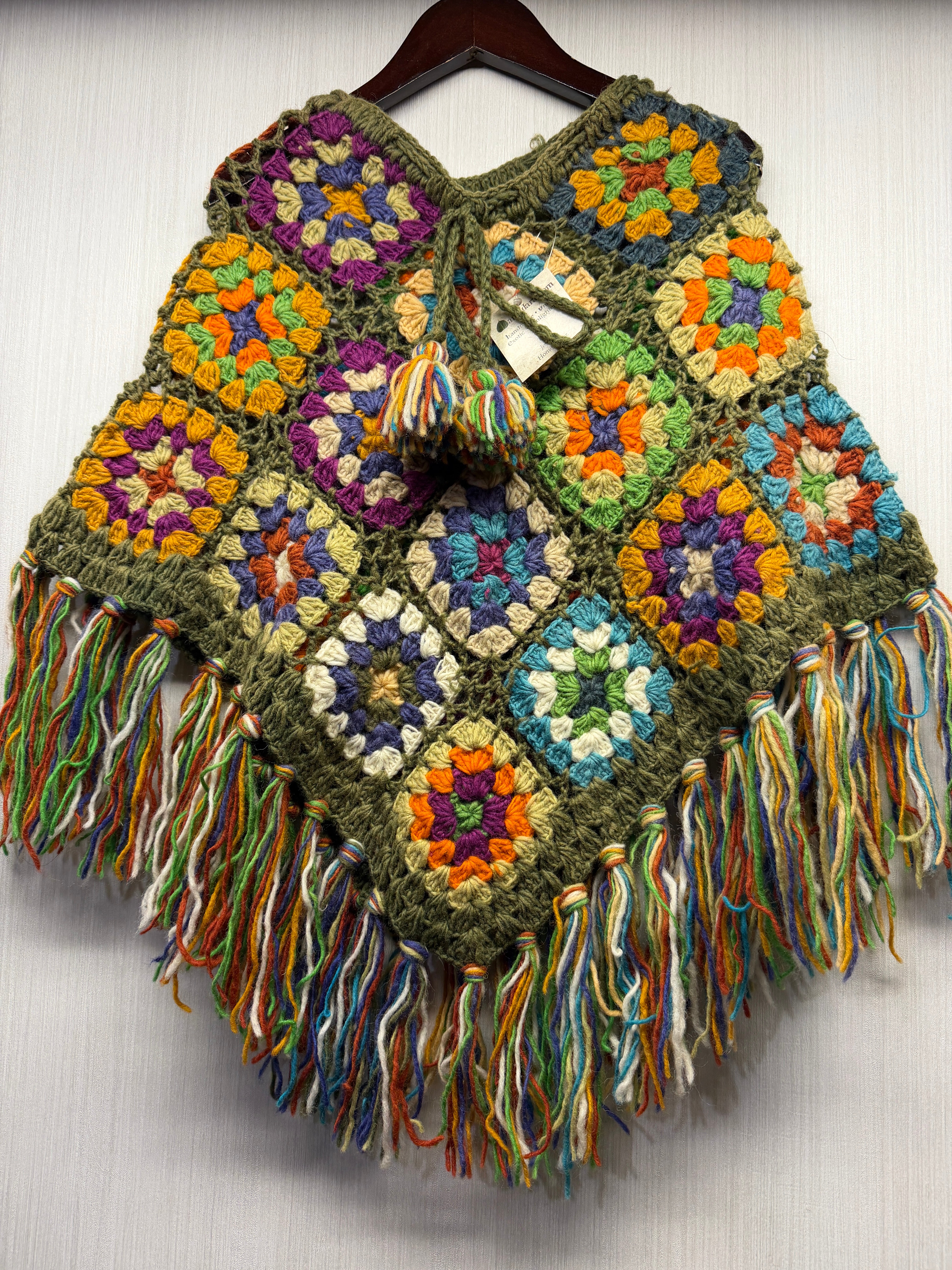 Kids Girls Small/Medium - Crochet Granny Square Boho Wool Poncho with Fringes - 103