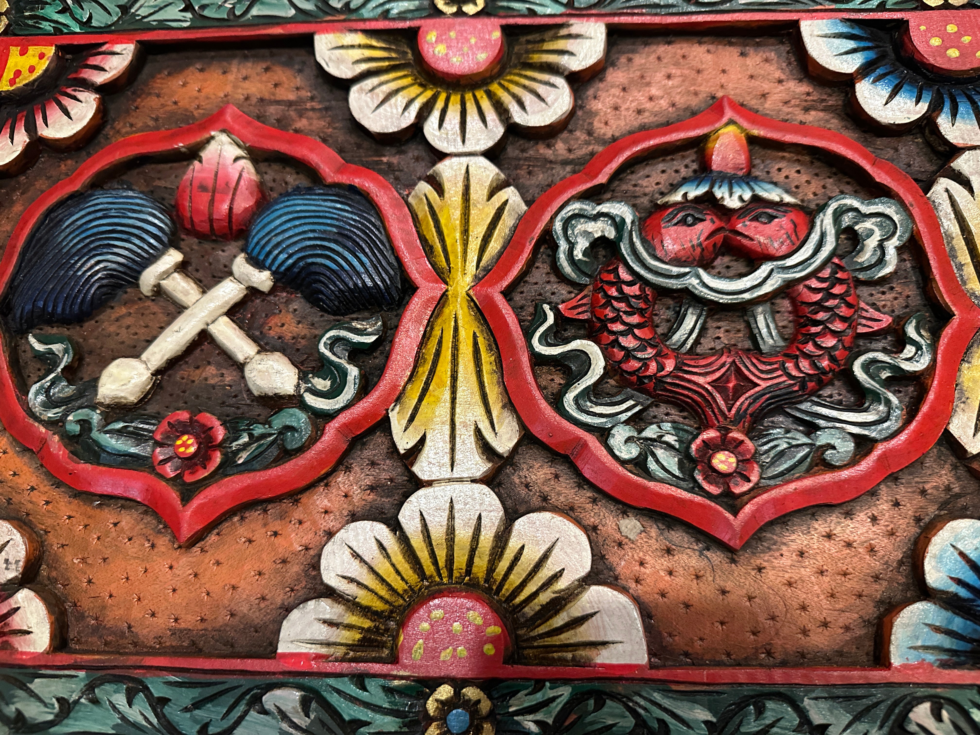 Carved Wood Wall Panel Auspicious Symbols - 101