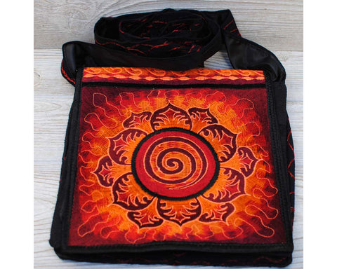 Boho Passport Crossbody Embroidery Bag - Red Orange / Swirl Flower Sun Rays