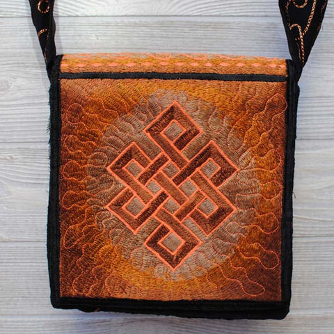 Copy of Boho Passport Crossbody Embroidery Bag - Brown Yellow / Endless Knot / Sun Rays