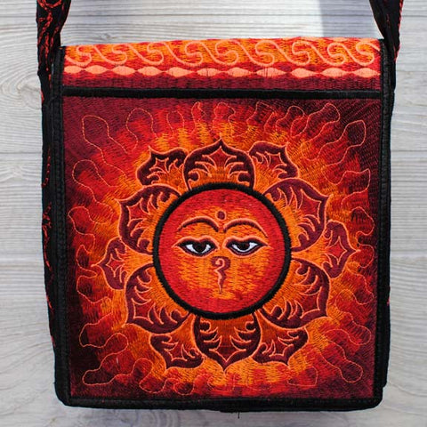 Boho Passport Crossbody Embroidery Bag - Red Orange / Buddha's Wisdom Eyes Flower Sun Rays