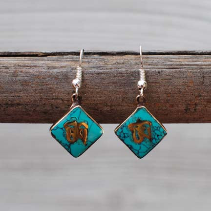 Handmade Tibetan Silver Earrings with Turquoise - Tibetan Ohm Symbol - 104