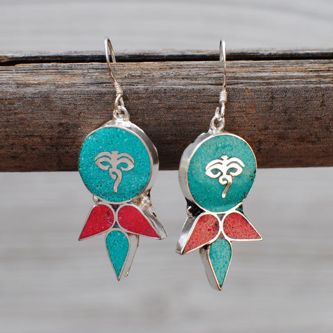 Handmade Tibetan Silver Earrings with Turquoise & Coral -  105