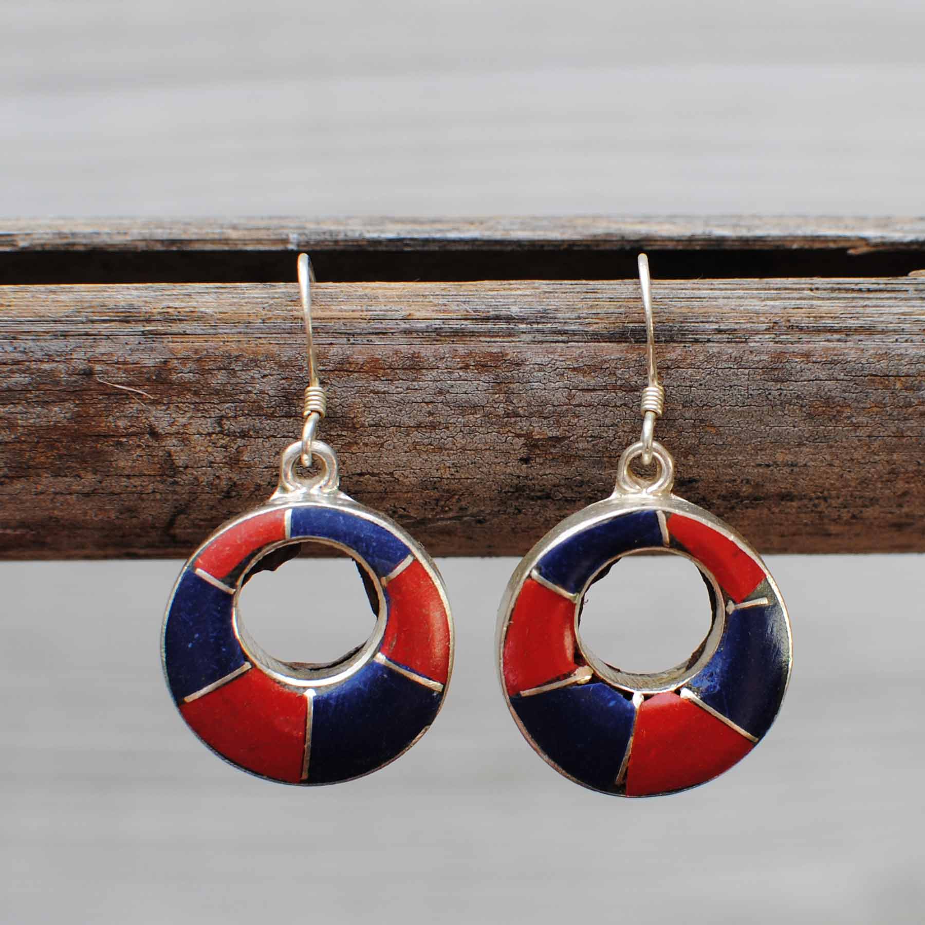 Handmade Tibetan Silver Earrings with lipis lazuli & Coral - 106