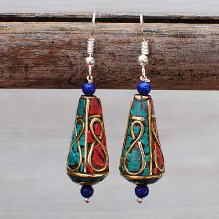 Handmade Tibetan Silver Earrings with Turquoise, Lapis Lazuli & Coral -  109