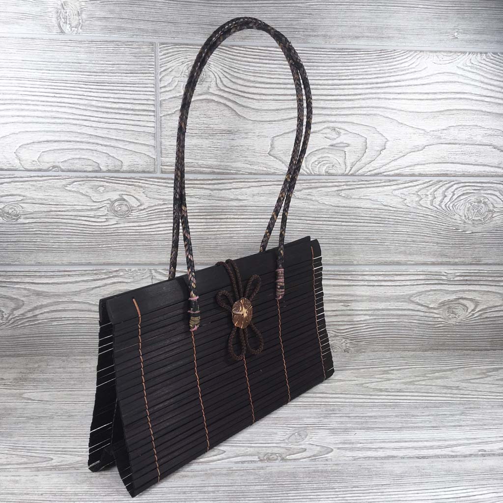 Natural Eco-Friendly Bamboo Handbag with Strap - Large - Maroon
