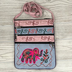 Boho Passport Embroidery Bag - Elephant - Blue Pink