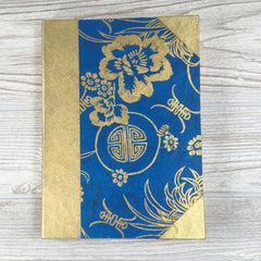 Handmade Lokta Paper Journal Floral Asian Inspired Cover - Blue / Gold