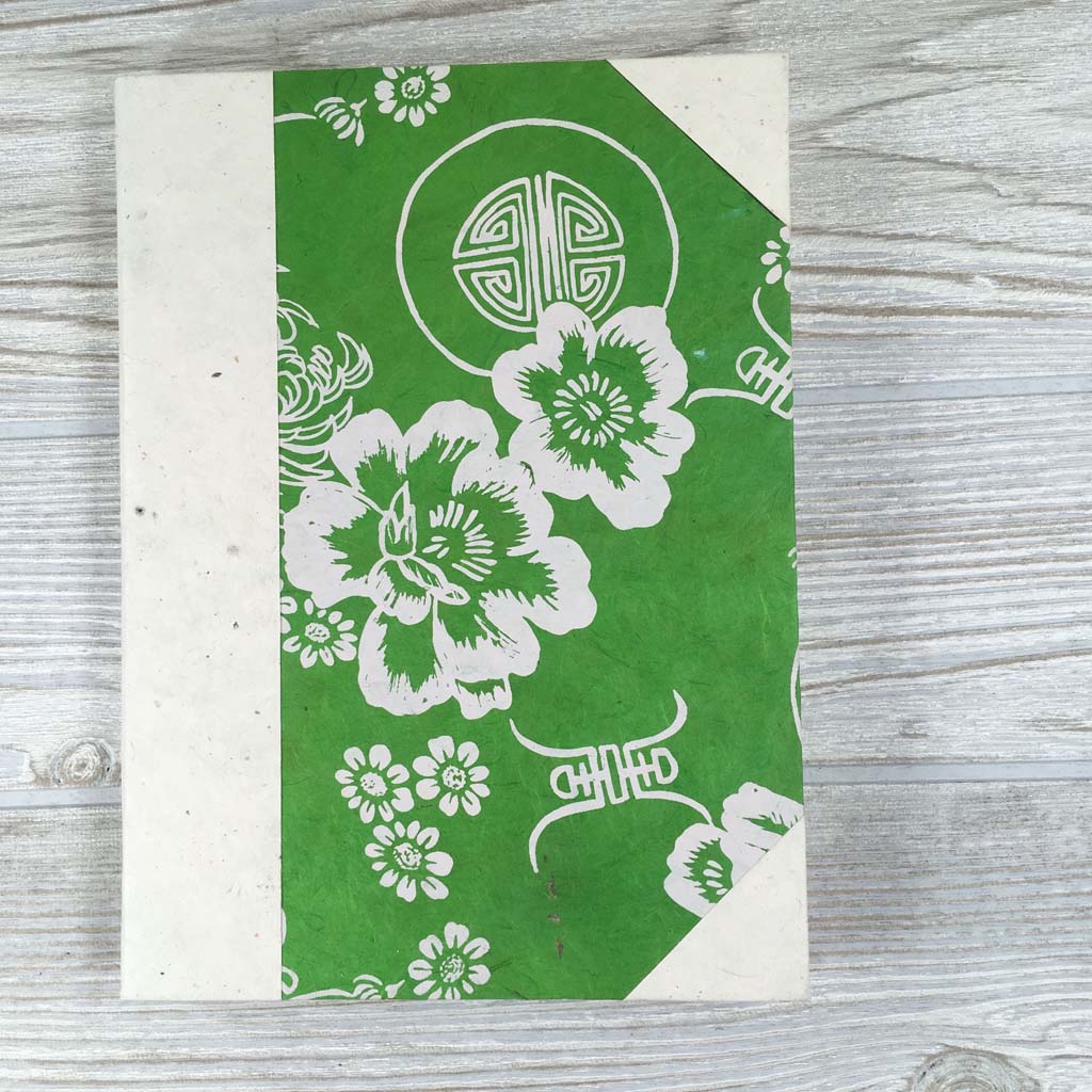 Handmade Lokta Paper Journal Floral Asian Inspired Cover - Green / White
