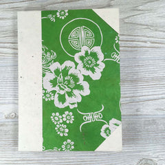 Handmade Lokta Paper Journal Floral Asian Inspired Cover - Green / White