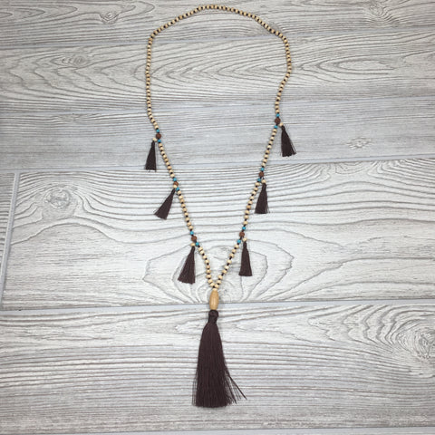 Knotted Wood Mala Necklace Dark Brown Tassels