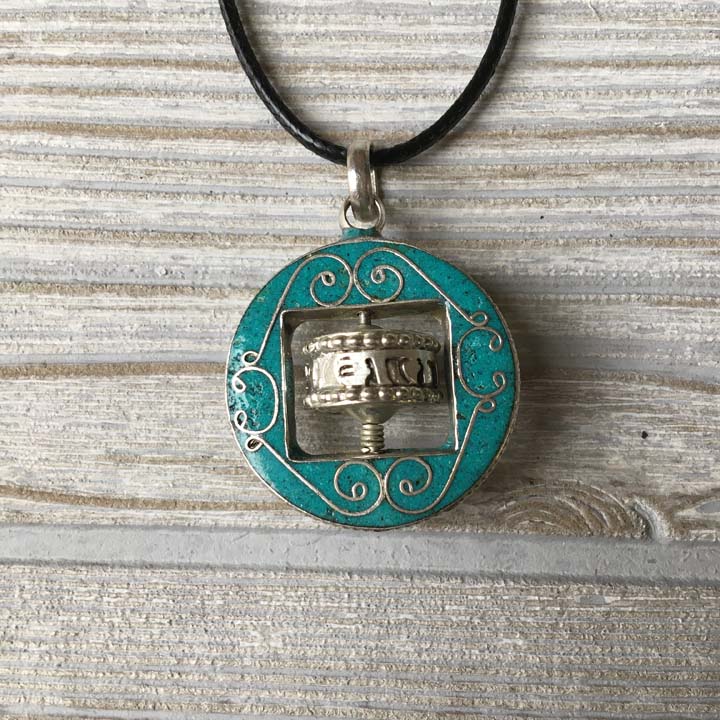 Tibetan Silver Pendant Necklace - Prayer Wheel