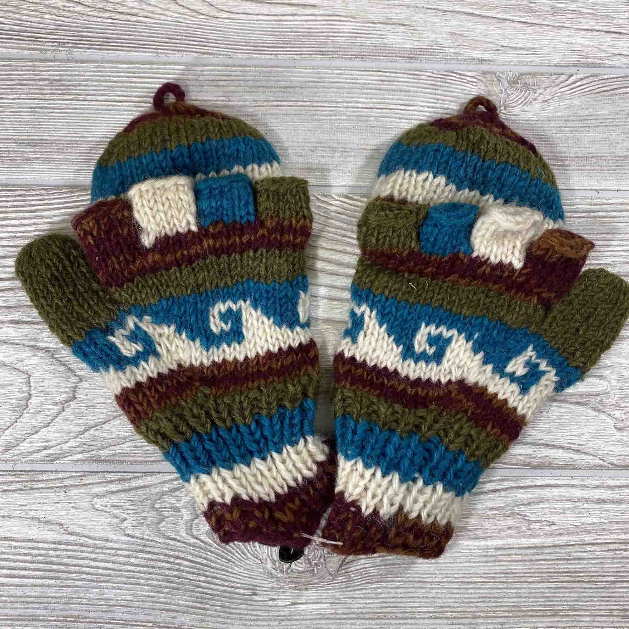 Handknit Wool Fingerless Mittens - Green Blue Wave