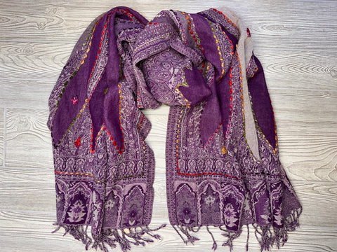 Kashmiri Wool Shawl - Embroidery Accent - Rich Purple