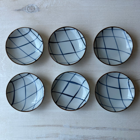 Vintage Yet New Japanese Porcelain Sauce Bowl  - Grid Motif - 4-¾” - Set of 6