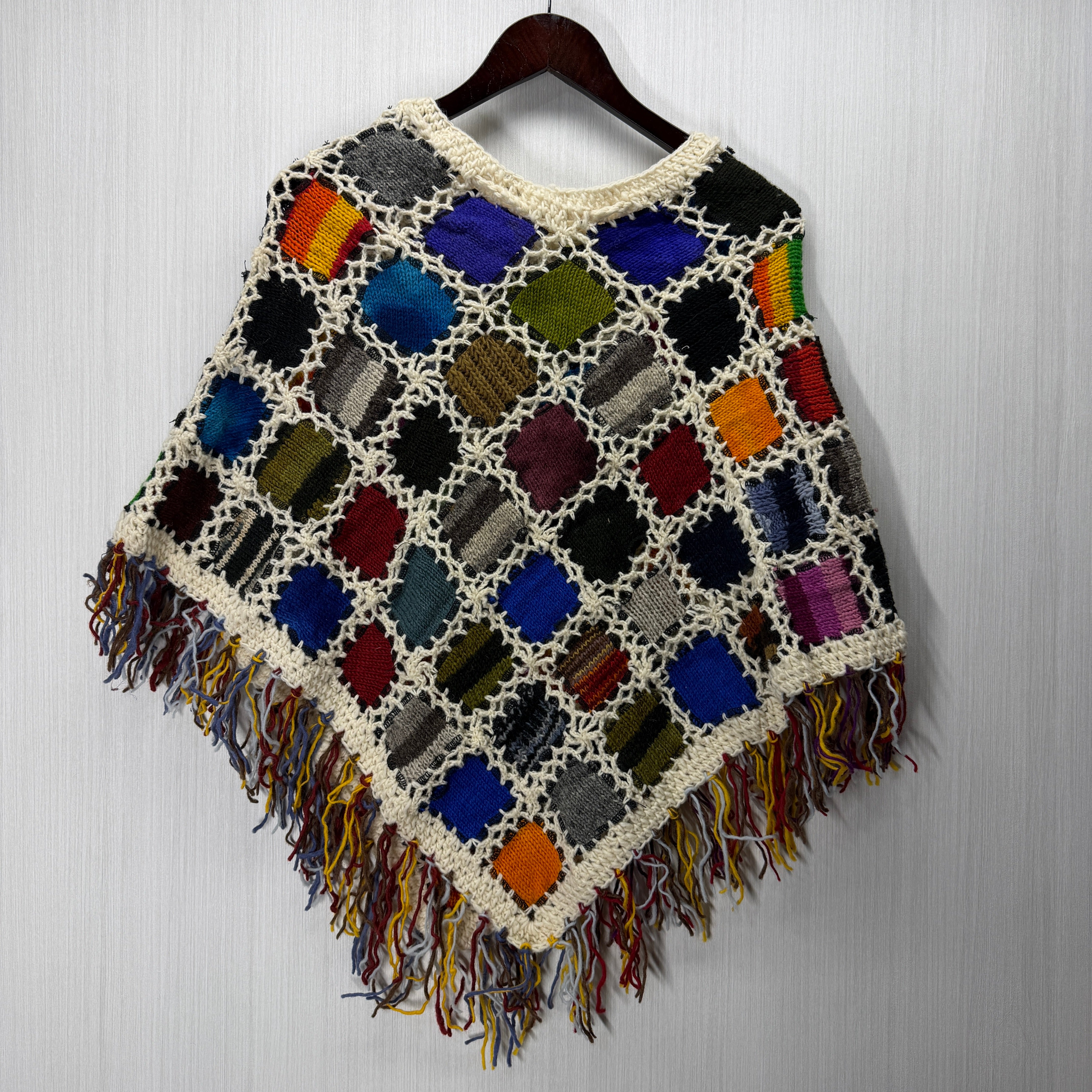 Women's Knitted Granny Square Boho Wool Poncho with Fringes - Adult Small -  102