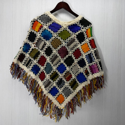 Women's Knitted Granny Square Boho Wool Poncho with Fringes - Adult Small -  102