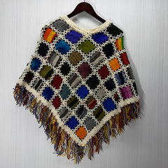 Women's Knitted Granny Square Boho Wool Poncho with Fringes - Adult Small -  102