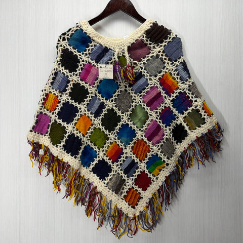 Women's Knitted Granny Square Boho Wool Poncho with Fringes - Adult Small -  102