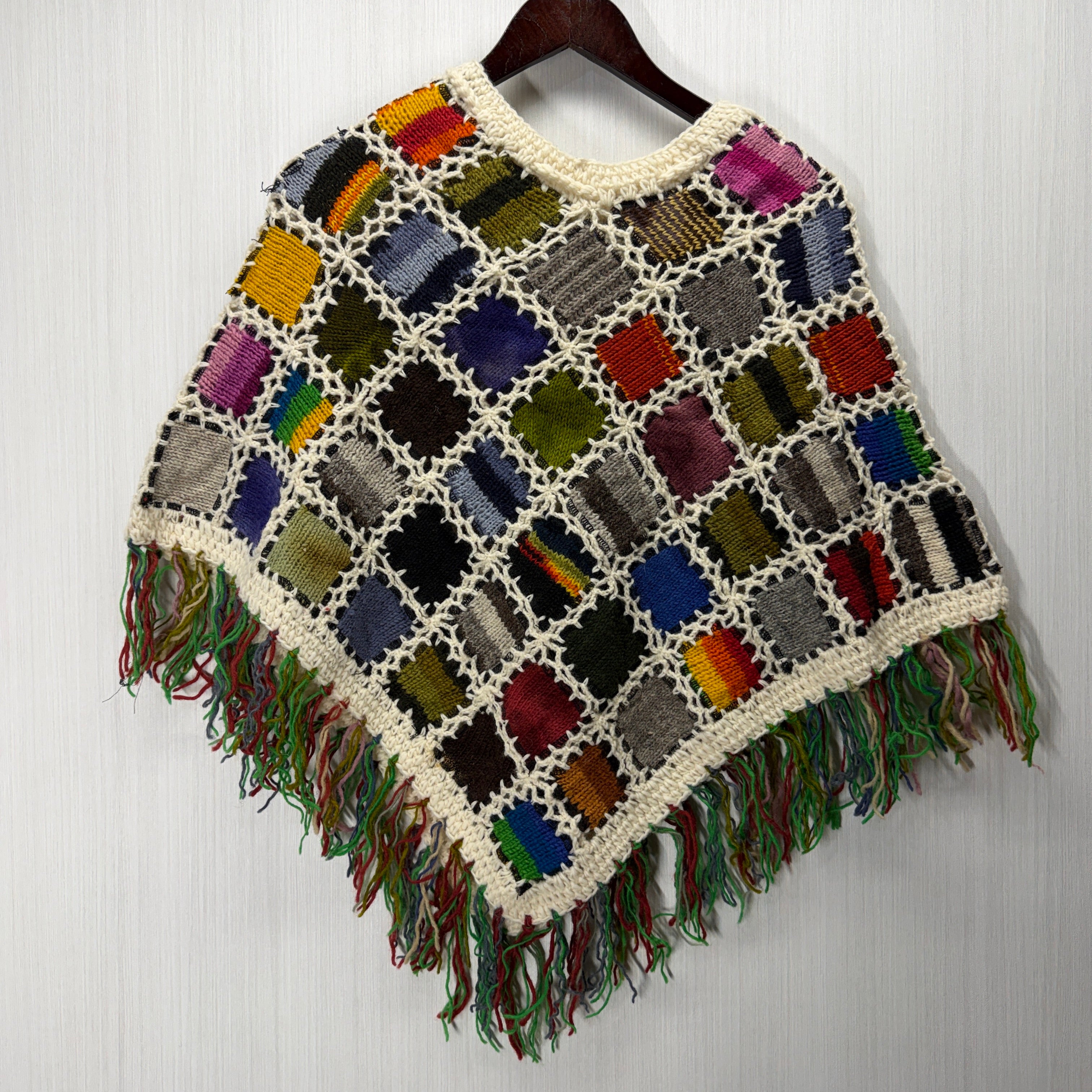 Women's Knitted Granny Square Boho Wool Poncho with Fringes - Adult Small -  103