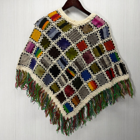 Women's Knitted Granny Square Boho Wool Poncho with Fringes - Adult Small -  103