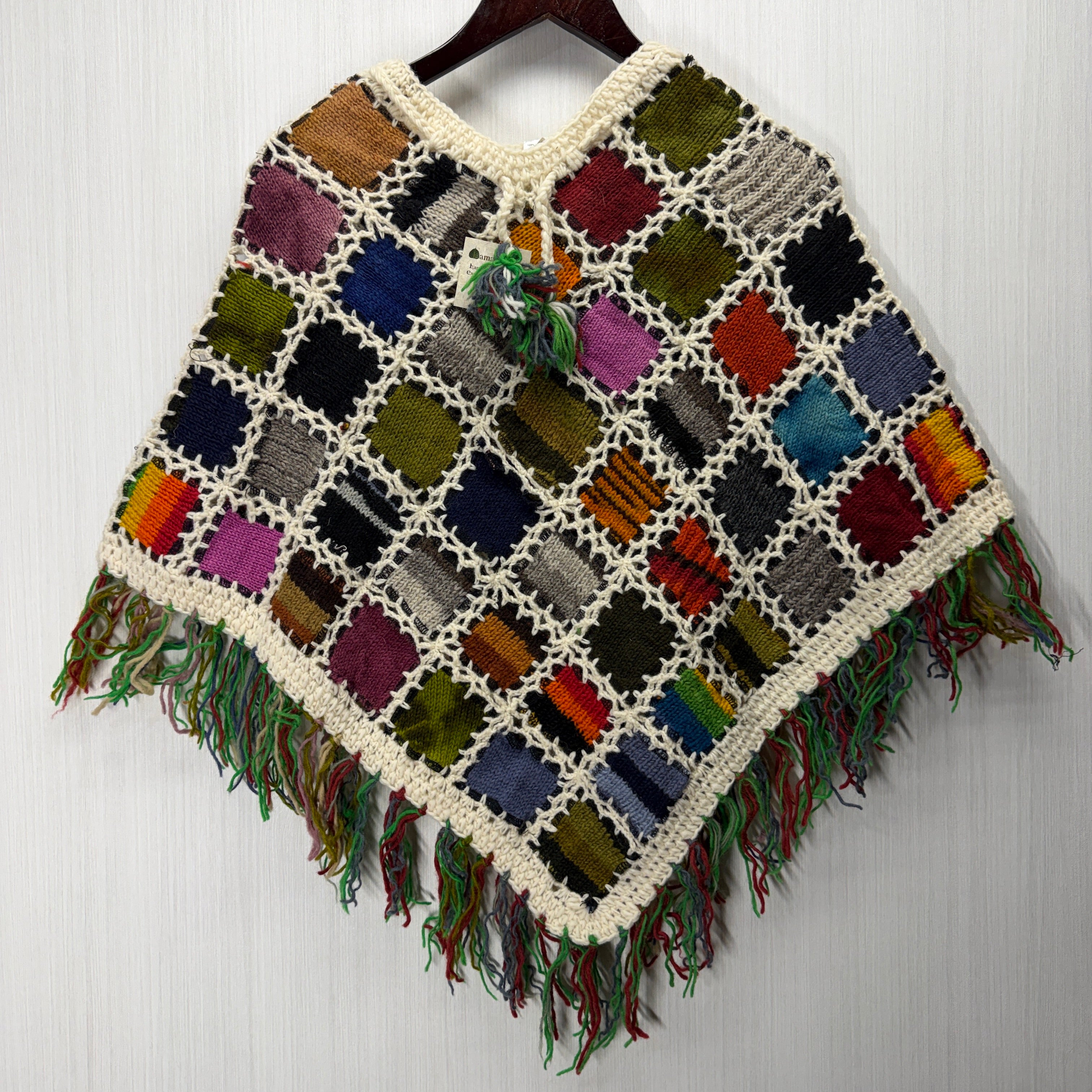 Women's Knitted Granny Square Boho Wool Poncho with Fringes - Adult Small -  103