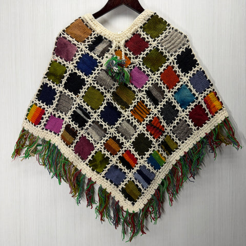 Women's Knitted Granny Square Boho Wool Poncho with Fringes - Adult Small -  103