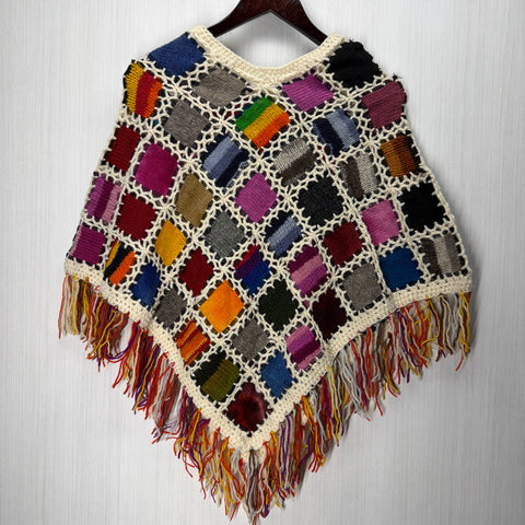 Women's Knitted Granny Square Boho Wool Poncho with Fringes - Adult Small -  104